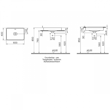 Lavoar dreptunghiular tip bol 60cm x 40cm fara orificiu baterie, fara orificiul preaplin, pe blat | 7535B083-1398 [1]