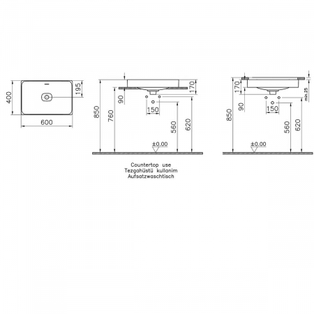 Lavoar dreptunghiular tip bol 60cm x 40cm fara orificiu baterie, fara orificiul preaplin, sub blat | 7535B003-1083 [1]