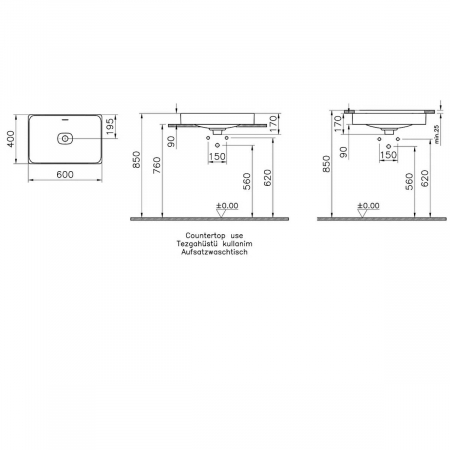 Lavoar dreptunghiular tip bol 60cm x 40cm fara orificiu baterie, fara orificiul preaplin, sub blat | 7535B076-1083 [1]
