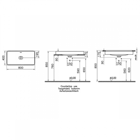 Lavoar dreptunghiular tip bol 80cm x 40cm fara orificiu baterie, cu orificiul preaplin, pe blat | 7536B003-0673 [1]