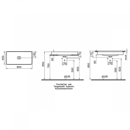 Lavoar dreptunghiular tip bol 80cm x 40cm fara orificiu baterie, fara orificiul preaplin, pe blat | 7536B001-1398 [1]