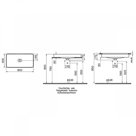 Lavoar dreptunghiular tip bol 80cm x 40cm fara orificiu baterie, fara orificiul preaplin, pe blat | 7536B003-1398 [1]