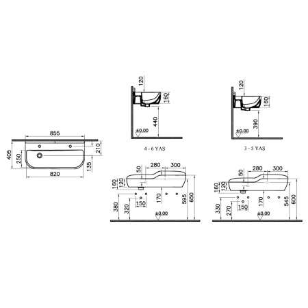 Lavoar dublu / chiuveta dubla baie copii cu 2 nivele, 85cm, cu 2 orificii pentru baterie, cu orificiul preaplin | 7351B003-1740 [1]