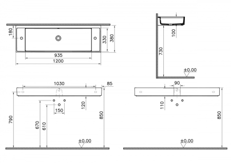 Lavoar mic / chiuveta baie compacta 120cm x 38cm cu 2 orificii pentru baterie pe dreapta si stanga, cu orificiul preaplin | 7410B003-1452 [1]