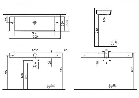 Lavoar mic / chiuveta baie compacta 120cm x 38cm cu 2 orificii pentru baterie pe dreapta si stanga, fara orificiul preaplin | 7410B003-1808 [1]