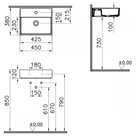 ‎Lavoar mic / chiuveta baie compacta 45cm x 38cm cu orificiu pentru baterie, fara orificiul preaplin | 7400B003-0041 [1]