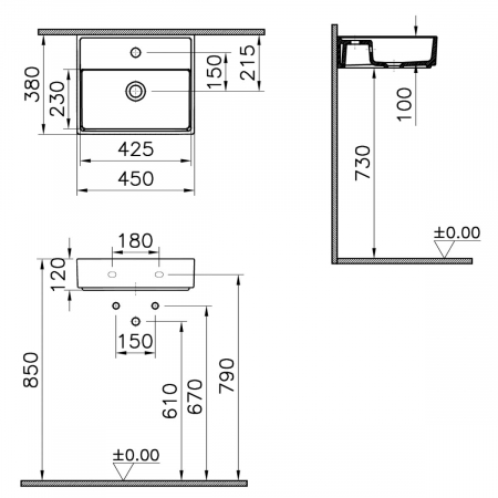 ‎Lavoar mic / chiuveta baie compacta 45cm x 38cm cu orificiul pentru baterie si preaplin | 7400B003-0001 [1]