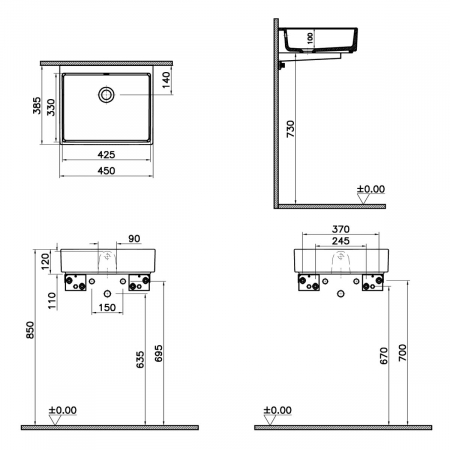 ‎Lavoar mic / chiuveta baie compacta 45cm x 38cm fara orificiu baterie, cu orificiul preaplin | 7403B003-0012 [1]