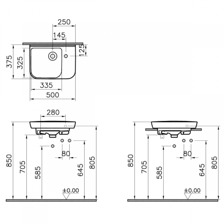 ‎Lavoar mic / chiuveta baie compacta 50x35cm, cu orificiu pentru baterie dreapta, cu orificiul preaplin, pe blat | 5945B003-0921 [1]