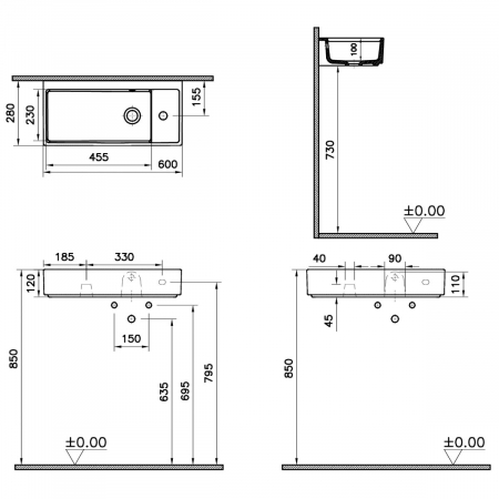 ‎Lavoar mic / chiuveta baie compacta 60cm x 28cm cu orificiu pentru baterie pe dreapta, cu orificiul preaplin | 7406B003-0029 [1]