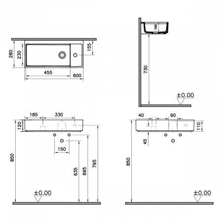 ‎Lavoar mic / chiuveta baie compacta 60cm x 28cm cu orificiu pentru baterie pe dreapta, fara orificiul preaplin | 7406B003-0294 [1]