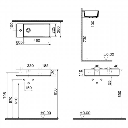 ‎Lavoar mic / chiuveta baie compacta 60cm x 28cm cu orificiu pentru baterie pe stanga, cu orificiul preaplin | 7408B003-0028 [1]