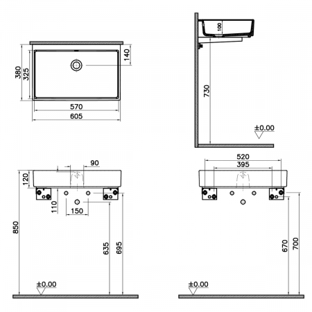 ‎Lavoar mic / chiuveta baie compacta 60cm x 38cm fara orificiu baterie, cu orificiul preaplin | 7404B003-0012 [1]