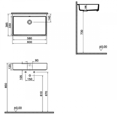 ‎Lavoar mic / chiuveta baie compacta 60cm x 38cm, fara orificiu baterie, fara orificiul preaplin, suitable pentru furniture | 7404B003-1860 [1]