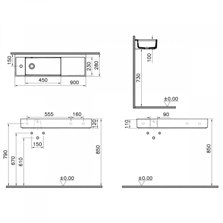 ‎Lavoar mic / chiuveta baie compacta 90cm x 28cm cu orificiu pentru baterie pe stanga, cu orificiul preaplin | 7409B003-0028 [1]