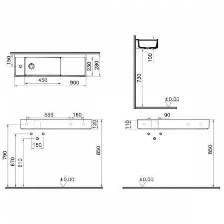 ‎Lavoar mic / chiuveta baie compacta 90cm x 28cm cu orificiu pentru baterie pe stanga, fara orificiul preaplin | 7409B003-0052 [1]