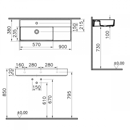 ‎Lavoar mic / chiuveta baie compacta 90cm x 38cm cu orificiul pentru baterie si preaplin | 7402B003-0001 [1]
