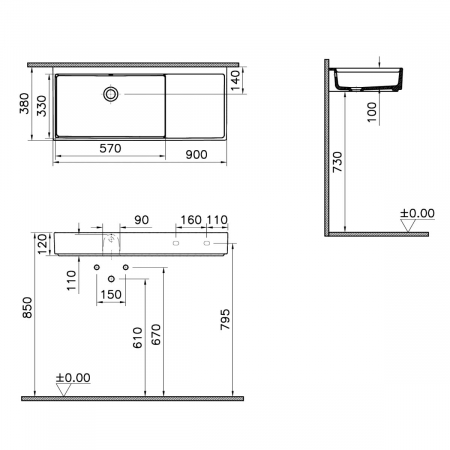 ‎Lavoar mic / chiuveta baie compacta 90cm x 38cm fara orificiu baterie, cu orificiul preaplin | 7405B003-0012 [1]