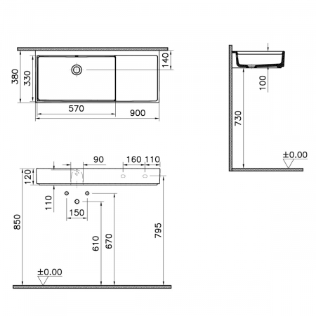 ‎Lavoar mic / chiuveta baie compacta 90cm x 38cm fara orificiu baterie, fara orificiul preaplin, cu picioare metalice | 7405B003-6279 [1]