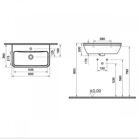 Lavoar mic / chiuveta baie compacta cu orificiul pentru baterie si preaplin 60cm | 7088L003-0001 [1]