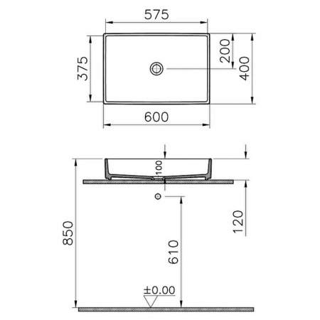 Lavoar tip bol dreptunghiular, 60cm x 38cm, fara orificiu baterie, fara orificiul preaplin | 7441B076-0016 [1]