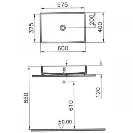 Lavoar tip bol dreptunghiular, 60cm x 38cm, fara orificiu baterie, fara orificiul preaplin | 7441B077-0016 [1]