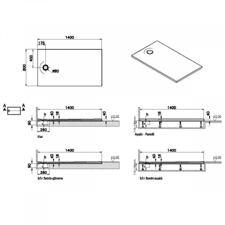Cadita de dus slim 140x80 rectangulara texturata taupe | 65220001869 [1]