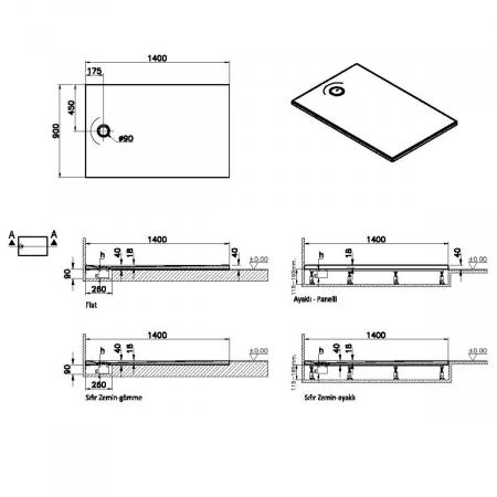 Cadita de dus slim 140x90 rectangulara texturata gri | 65290001867 [1]