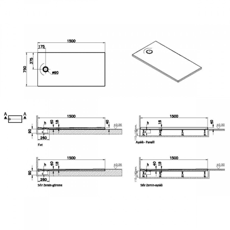 Cadita de dus slim 150x75 rectangulara texturata gri | 65180001867 [1]