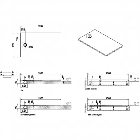 Cadita de dus slim 150x90 rectangulara texturata antracit | 65300001868 [1]