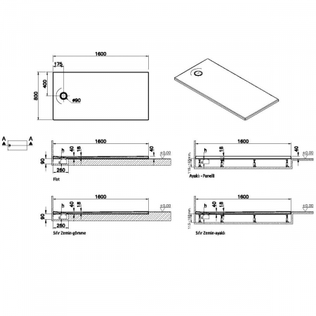 Cadita de dus slim 160x80 rectangulara texturata antracit | 65240001868 [1]