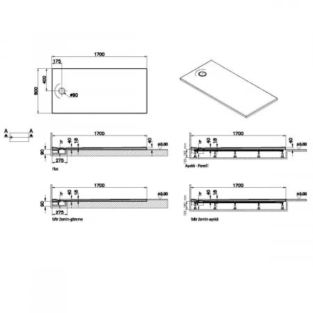 Cadita de dus slim 170x80 rectangulara texturata gri | 65250001867 [1]