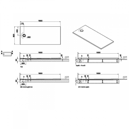 Cadita de dus slim 180x80 rectangulara texturata gri | 65260001867 [1]