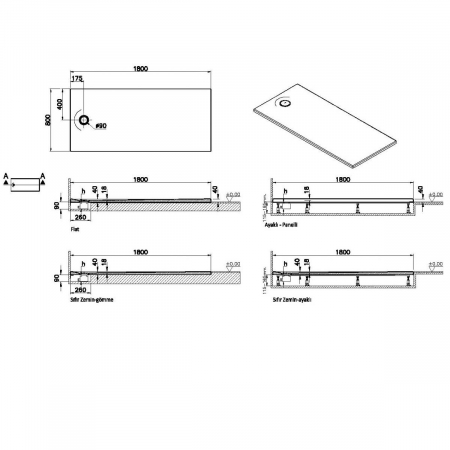Cadita de dus slim 180x80 rectangulara texturata alb | 65260001800 [1]