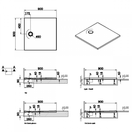 Cadita de dus slim 90x90 patrata texturata alb | 65140001800 [1]