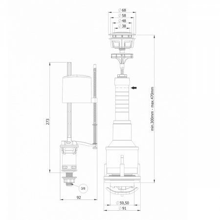 Mecanism / valva golire rezervor WC, alimentare pe jos cu racord alama 3/8, cu buton, set complet | 3004-100 [1]