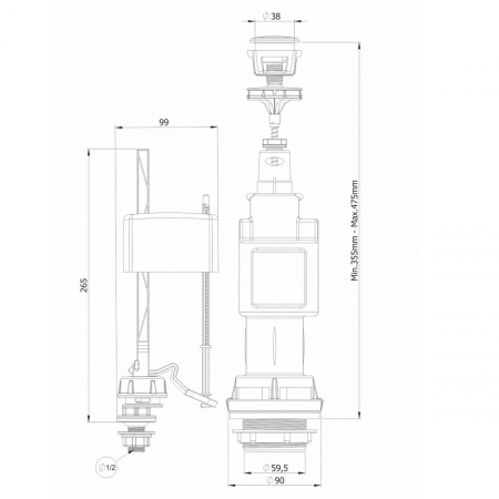 Mecanism / valva golire rezervor WC, alimentare pe jos cu racord plastic 1/2, cu buton, set complet | 3008-1/2 [1]