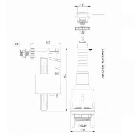Mecanism / valva golire rezervor WC, alimentare pe lateral cu racord alama 3/8, cu buton, set complet | 3025-100 [1]