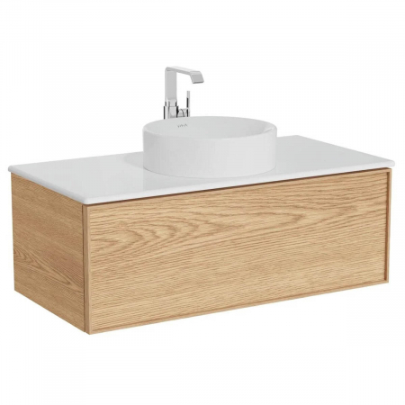 Mobilier de baie - Edge Unitate de baza lavoar baie 100cm, cu 1 drawer, cu lavoar tip bol blat ceramica baie, light oak | 67140