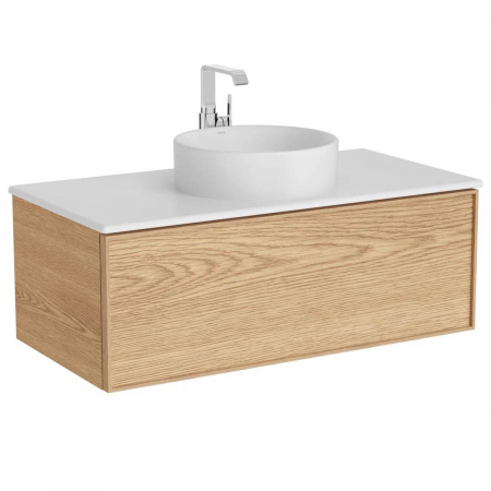 Mobilier de baie - Edge Unitate de baza lavoar baie 100cm, cu 1 drawer, cu lavoar tip bol blat ceramica baie, light oak, cu alb mat counter | 67346