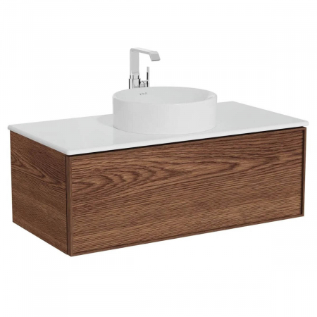 Mobilier de baie - Edge Unitate de baza lavoar baie 100cm, cu 1 drawer, cu lavoar tip bol blat ceramica baie, walnut | 67159