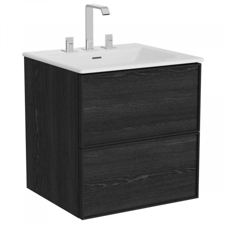 Mobilier de baie - Edge Unitate de baza lavoar baie 60cm cu 2 drawers, cu Lavoar / chiuveta baie tip vanity cu 3 orificii pentru baterie, negru oak | 67451