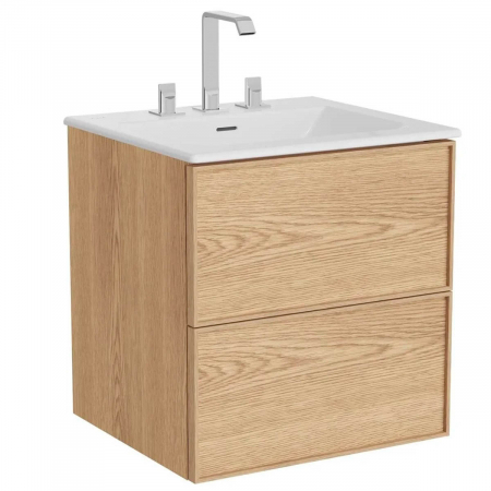Mobilier de baie - Edge Unitate de baza lavoar baie 60cm cu 2 drawers, cu Lavoar / chiuveta baie tip vanity cu 3 orificii pentru baterie, light oak | 67448