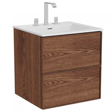 Mobilier de baie - Edge Unitate de baza lavoar baie 60cm cu 2 drawers, cu Lavoar / chiuveta baie tip vanity cu 3 orificii pentru baterie, walnut | 67450