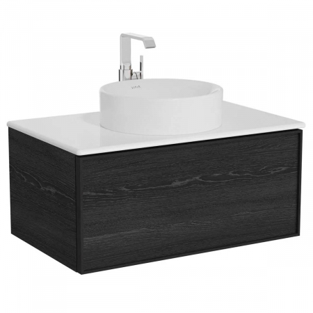 Mobilier de baie - Edge Unitate de baza lavoar baie 80cm, cu 1 drawer, cu lavoar tip bol blat ceramica baie, negru oak | 67196