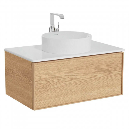 Mobilier de baie - Edge Unitate de baza lavoar baie 80cm, cu 1 drawer, cu lavoar tip bol blat ceramica baie, light oak | 67139