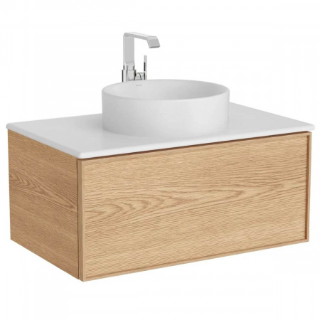 Mobilier de baie - Edge Unitate de baza lavoar baie 80cm, cu 1 drawer, cu lavoar tip bol blat ceramica baie, light oak, cu alb mat counter | 67345