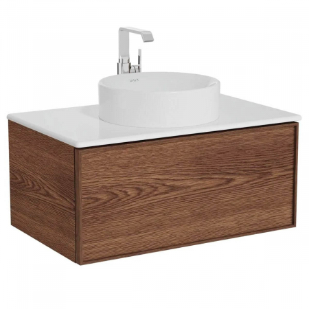 Mobilier de baie - Edge Unitate de baza lavoar baie 80cm, cu 1 drawer, cu lavoar tip bol blat ceramica baie, walnut | 67158