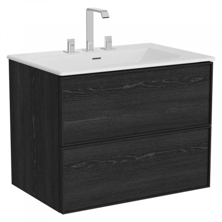Mobilier de baie - Edge Unitate de baza lavoar baie 80cm, cu 2 drawers, cu Lavoar / chiuveta baie tip vanity cu 3 orificii pentru baterie, negru oak | 67455