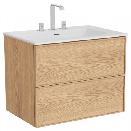 Mobilier de baie - Edge Unitate de baza lavoar baie 80cm, cu 2 drawers, cu Lavoar / chiuveta baie tip vanity cu 3 orificii pentru baterie, light oak | 67452